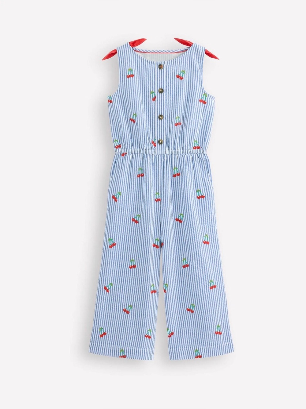 Mini Boden Girls' Blue Stripe, Embroidered Cherry Jumpsuit, 3-4 Years Old